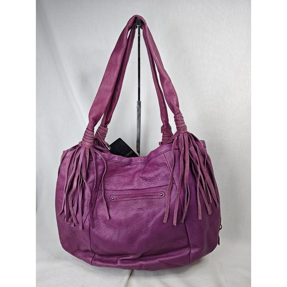 B. Makowsky Cabernet Purple Leather Fringe Tote Bag Hobo Purse NWT A212792 - Picture 11 of 16
